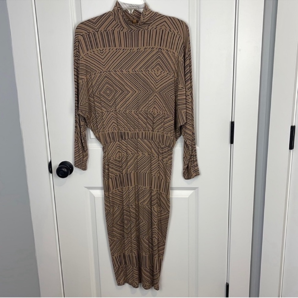 Rachel Pally Geometric Mock Neck Blouson Midi Dress Modal Minimalist Turtleneck